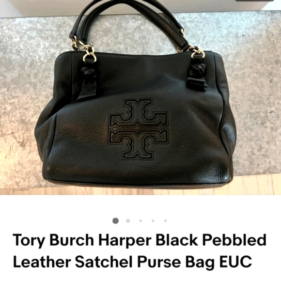 Tory Burch Harper Black Pebbled Leather Satchel Purse Bag EUC. - Picture 2 of 8
